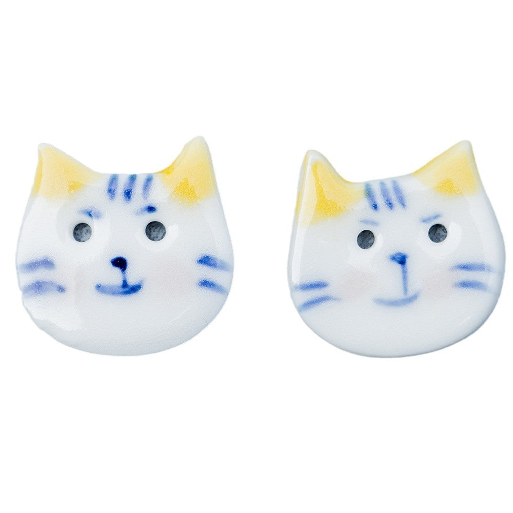 22mm Hand Painted Blue and White Pointy Eared Cat Ceramic DIY Decoration Button 10pcs Yellow Ear
