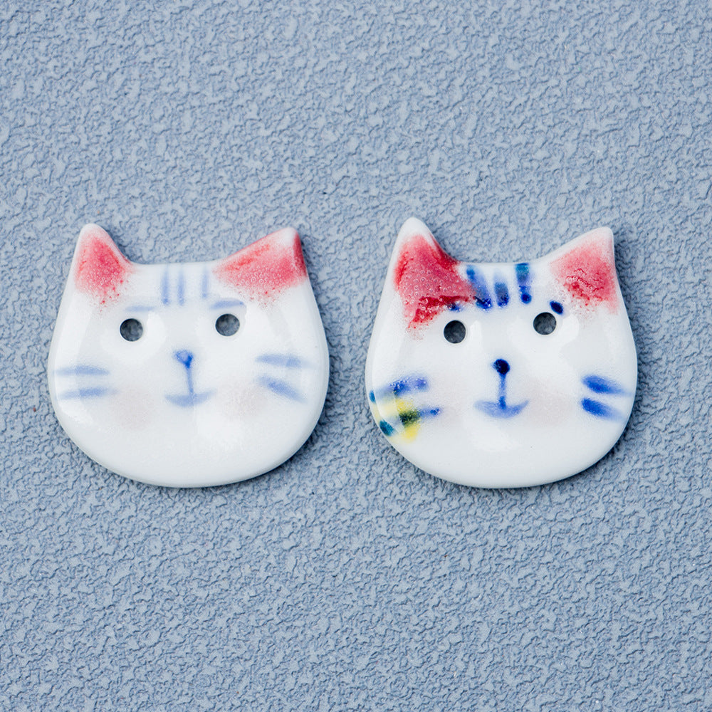 22mm Hand Painted Blue and White Pointy Eared Cat Ceramic DIY Decoration Button 10pcs Red Ear