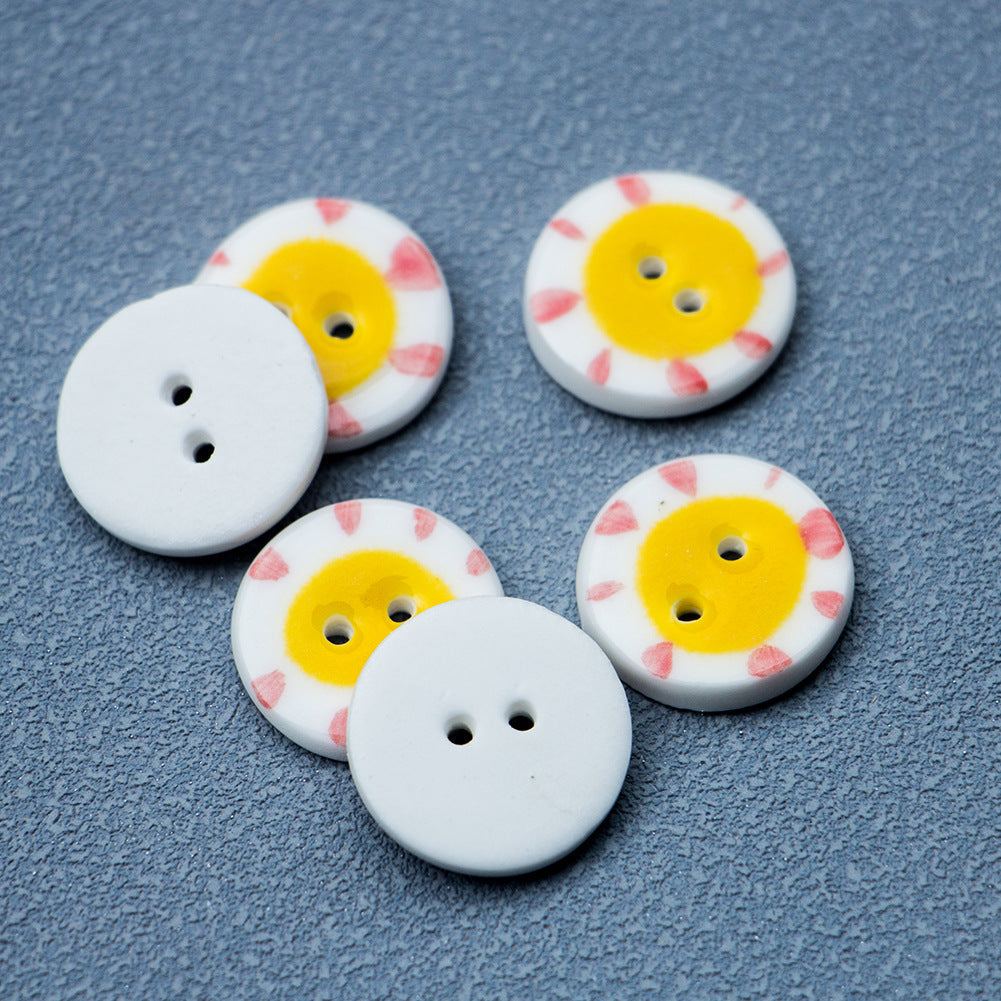 20mm Round 2-Hole Ceramic Buttons with Yellow Sun Pattern 6pcs