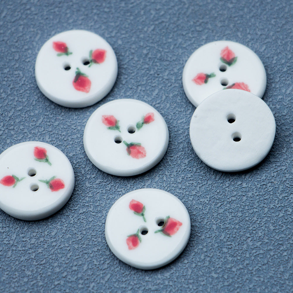 Round 2-Hole Ceramic Buttons with Hand-Painted Three Little Strawberries Pattern 6PCS
