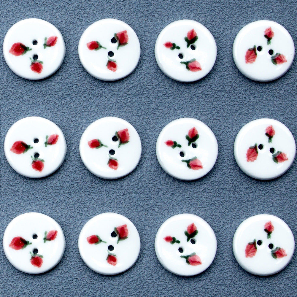Round 2-Hole Ceramic Buttons with Hand-Painted Three Little Strawberries Pattern 6PCS
