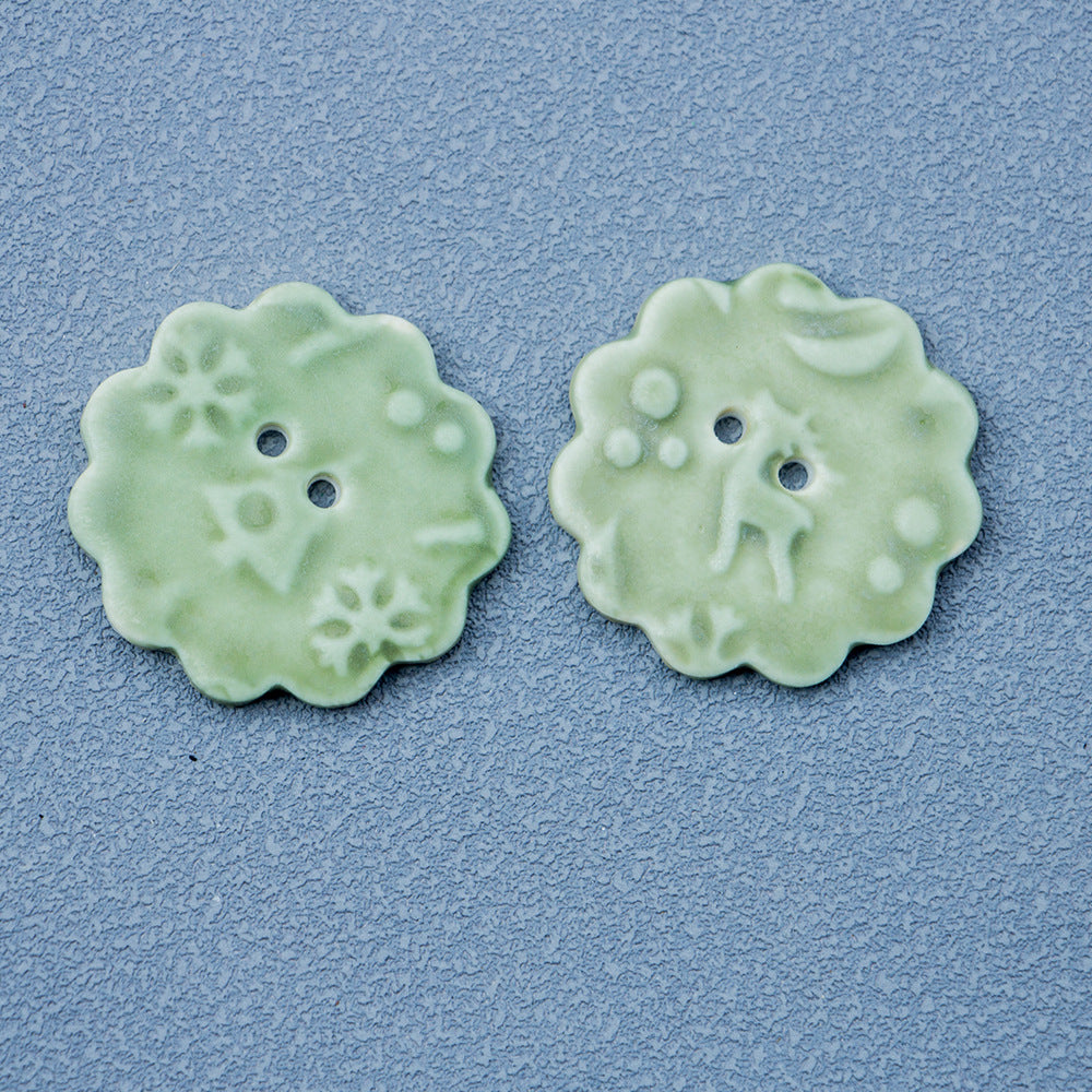 32mm Round 2-Hole Handmade DIY Ceramic Buttons with Snowflake Elk Pattern 6PCS Cyan