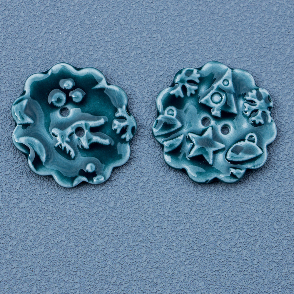 32mm Round 2-Hole Handmade DIY Ceramic Buttons with Snowflake Elk Pattern 6PCS Dark Blue