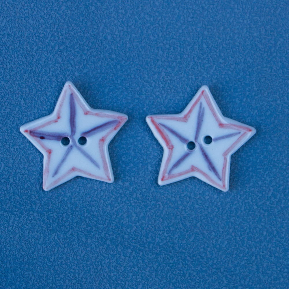 30mm Hand Painted Red Purple Matchstick Patterned Star-Shaped Ceramic Buttons 6pcs Red
