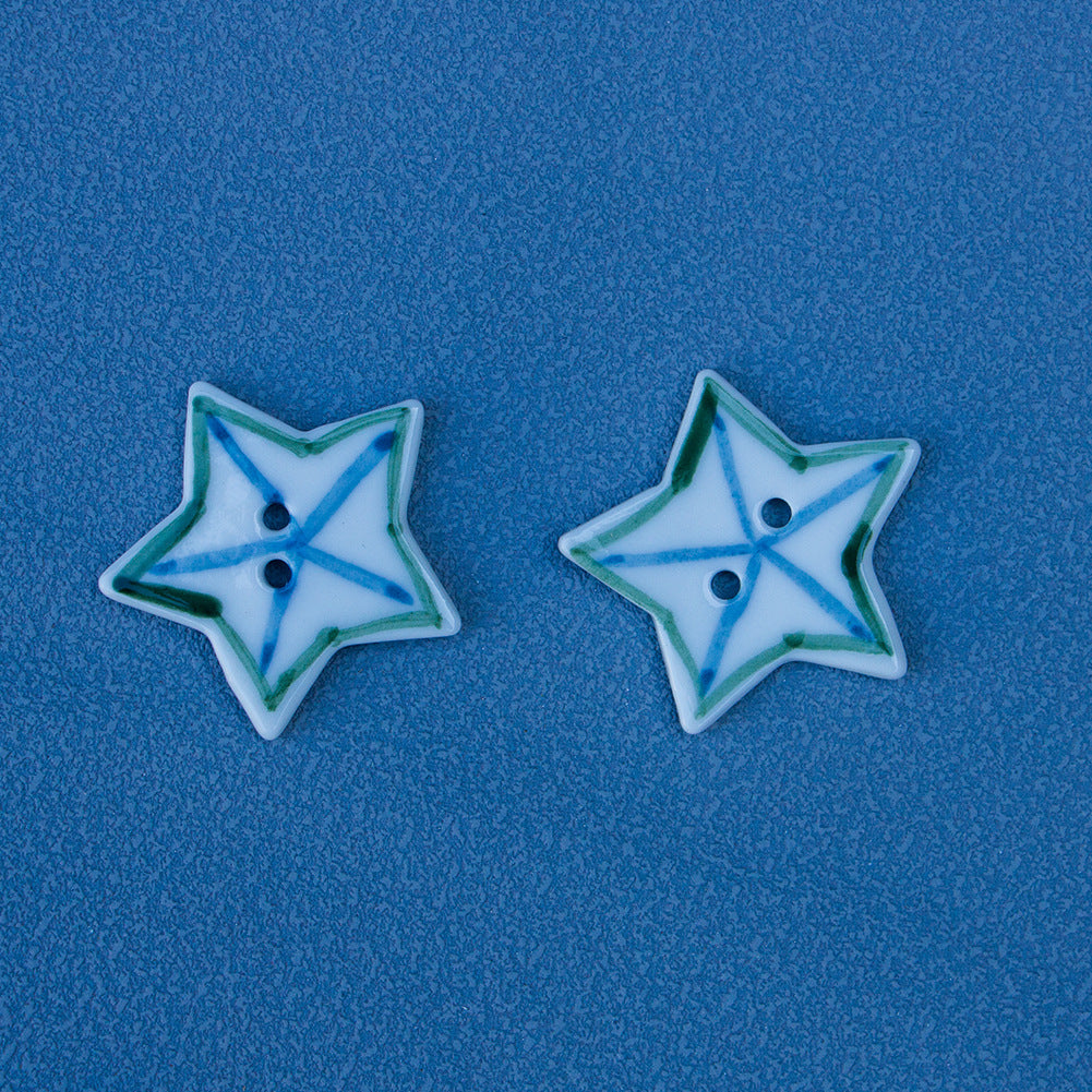 30mm Hand Painted Red Purple Matchstick Patterned Star-Shaped Ceramic Buttons 6pcs Green