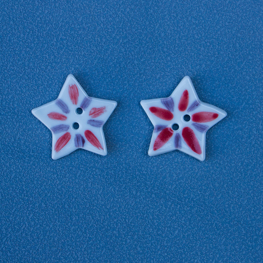 30mm Hand Painted Red Purple Matchstick Patterned Star-Shaped Ceramic Buttons 6pcs Purple