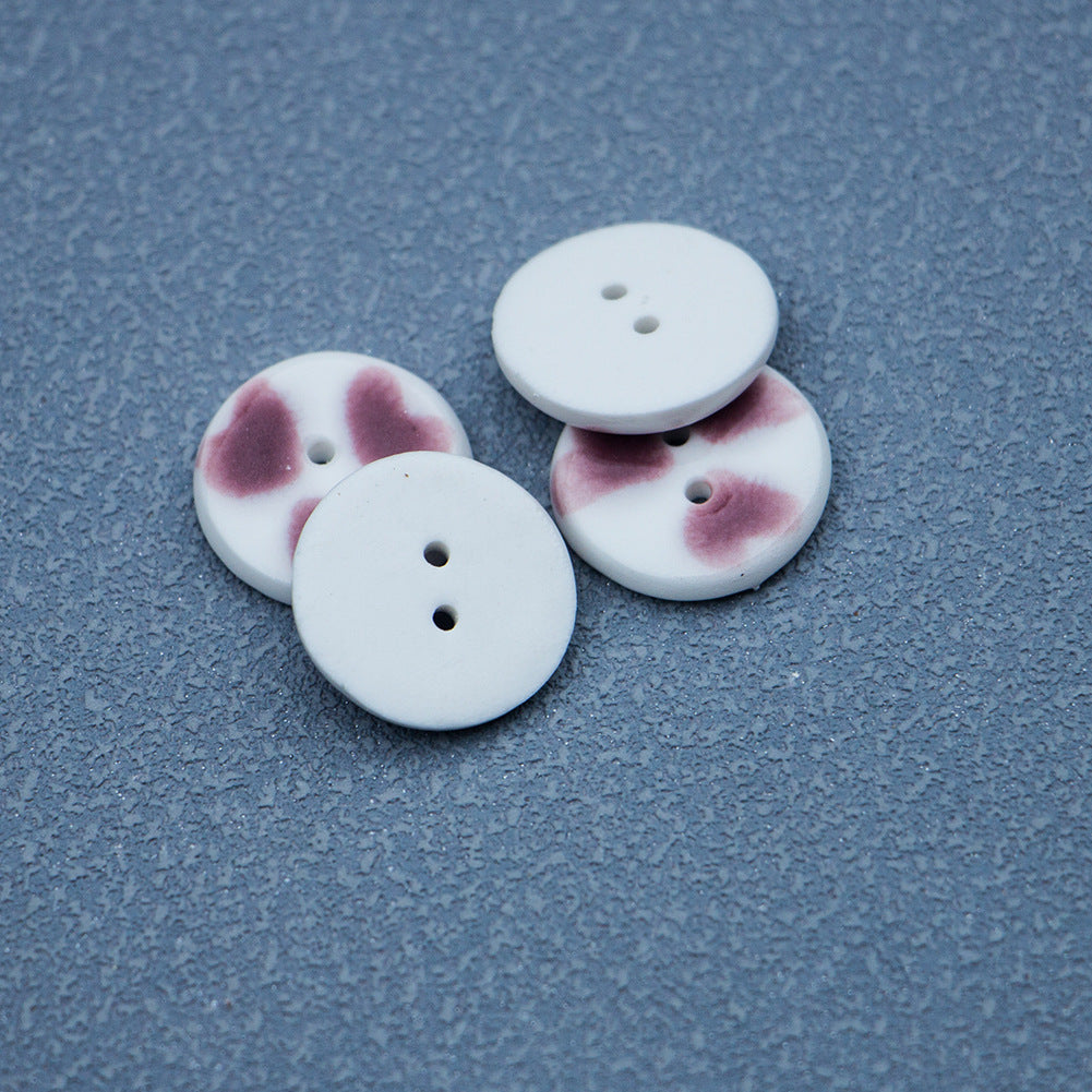 16mm Round 2 Hole Hand Painted Purple Red Heart Pattern Ceramic Buttons 6pcs