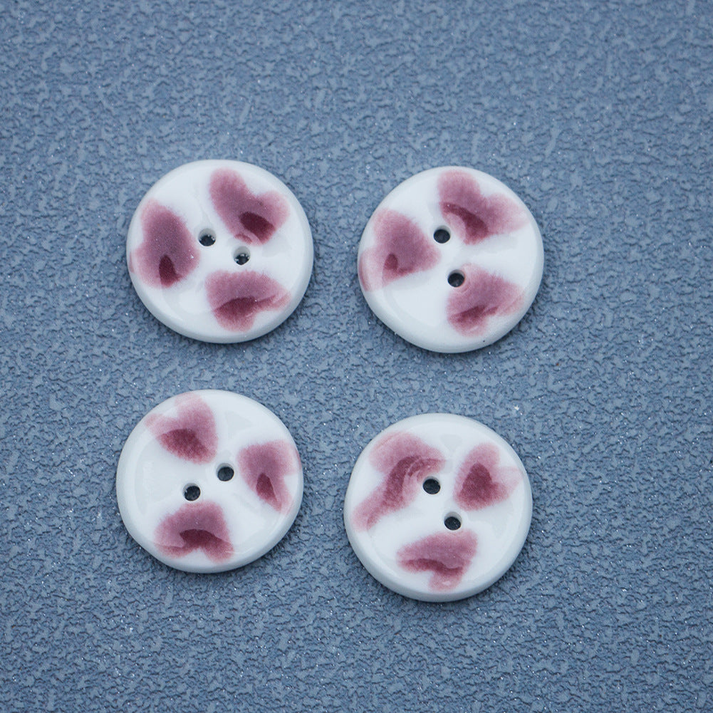 16mm Round 2 Hole Hand Painted Purple Red Heart Pattern Ceramic Buttons 6pcs
