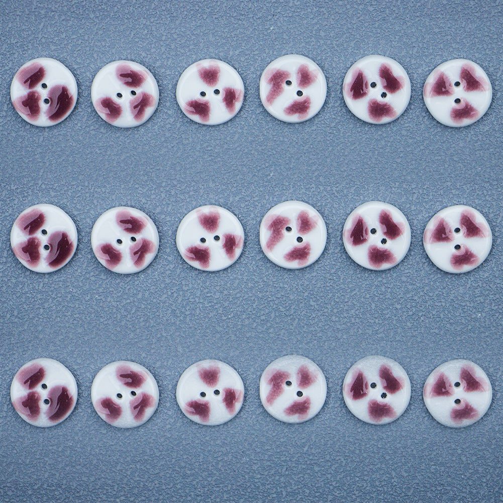 16mm Round 2 Hole Hand Painted Purple Red Heart Pattern Ceramic Buttons 6pcs