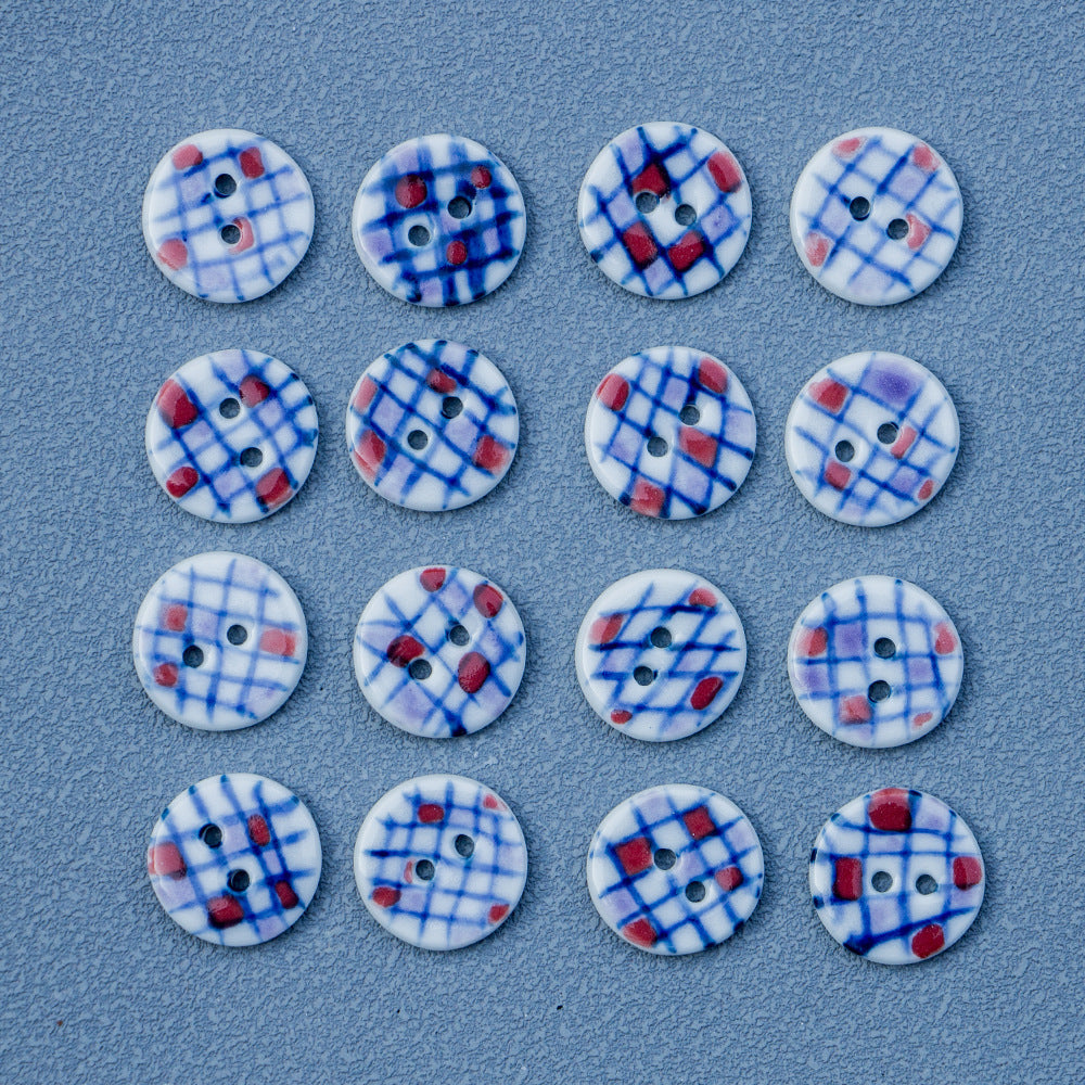 17.5mm Round 2 Hole Hand-Painted Blue Plaid Ceramic Buttons 6PCS