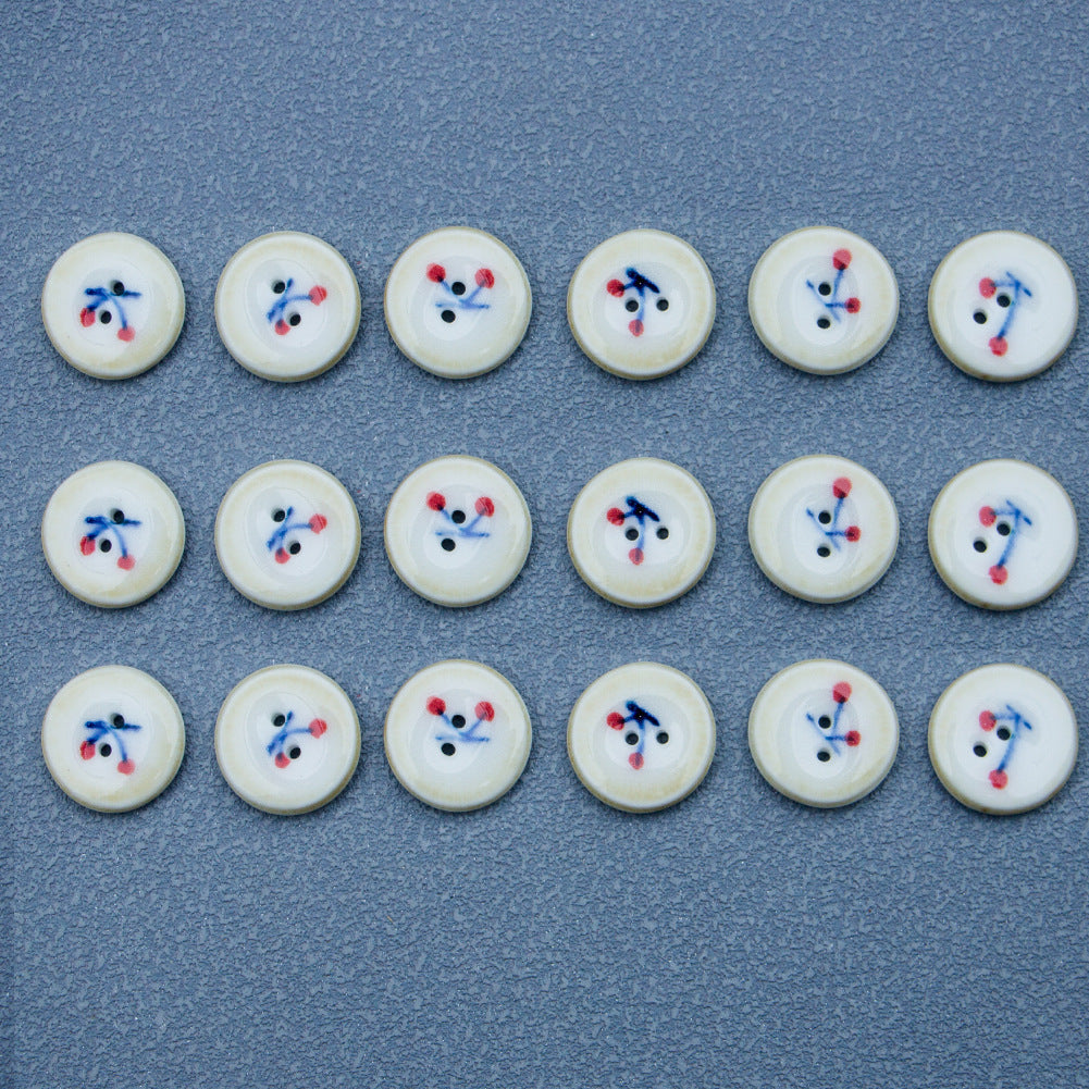 16mm Hand-Painted Ceramic Buttons with Cherry Pattern Brown Border 4PCS
