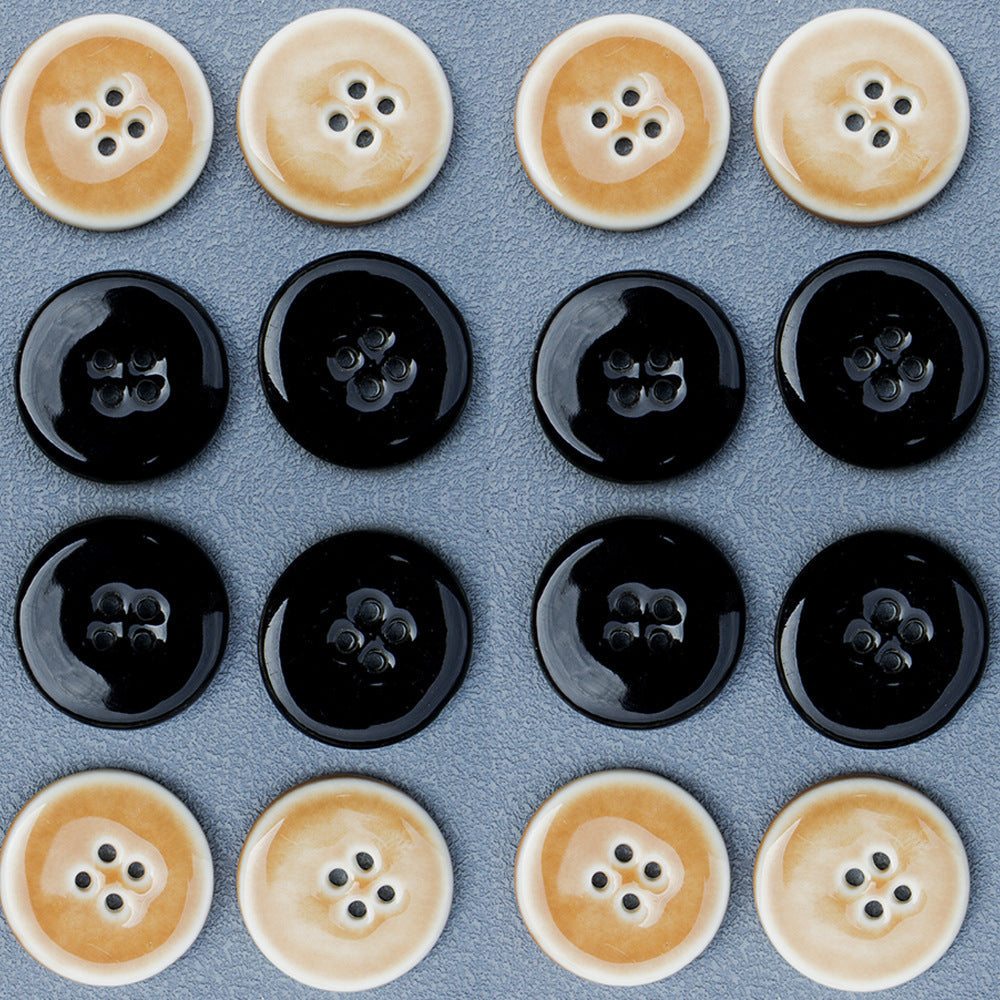 28mm Black and Khaki Round 4-Hole Handmade Ceramic Buttons 6pcs