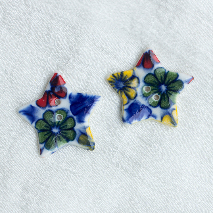 30mm Burgundy and Light Blue Star Shaped 2 Hole Handmade Ceramic Buttons 10pcs Colorful