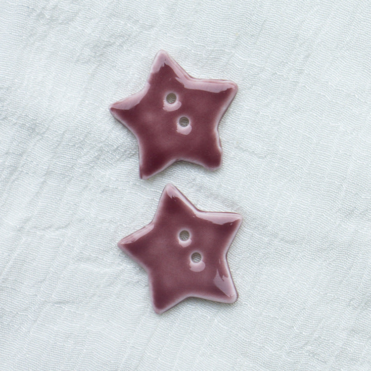 30mm Burgundy and Light Blue Star Shaped 2 Hole Handmade Ceramic Buttons 10pcs Burgundy