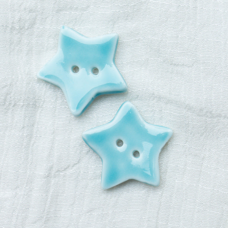 30mm Burgundy and Light Blue Star Shaped 2 Hole Handmade Ceramic Buttons 10pcs Light Blue