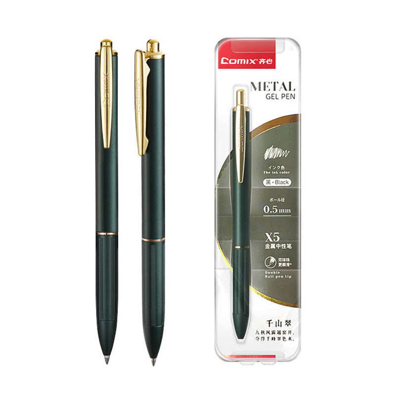 COMIX X5 Metal Retractable Gel Pen | 0.5mm Black Ink | Brass Body | Low Centre of Gravity