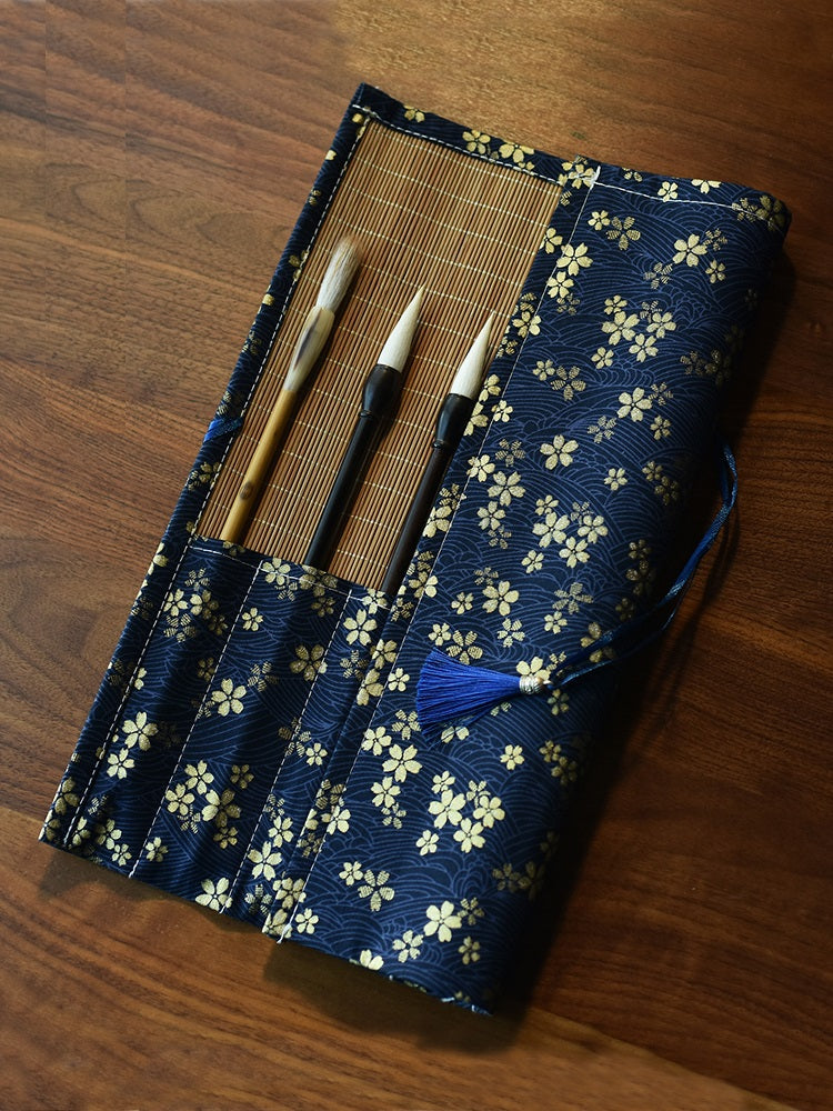 Chinese Japanese Calligraphy Brush Roll 8-Slot Bamboo Brush Holder