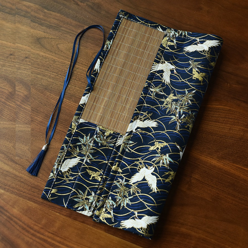 Chinese Japanese Calligraphy Brush Roll 8-Slot Bamboo Brush Holder Crane Blue