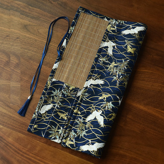 Chinese Japanese Calligraphy Brush Roll 8-Slot Bamboo Brush Holder Crane Blue