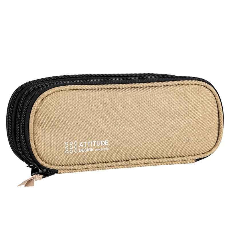 DELI Large Capacity Pencil Case Pouch Pen Storage Bag 3 Compartments Beige