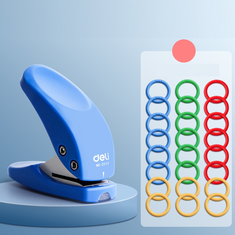DELI Mini Single Hole Punch 6mm Hole with 24 Colorful Plastic Binding Rings Blue