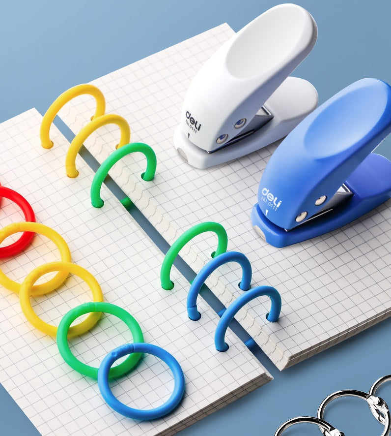 DELI Mini Single Hole Punch 6mm Hole with 24 Colorful Plastic Binding Rings