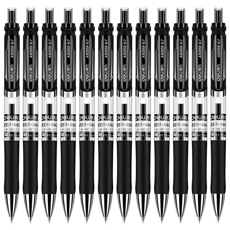 DELI S02 uttrekkbar gelpenn, medium punkt, 0,7 mm, svart blekk, 12-pakning