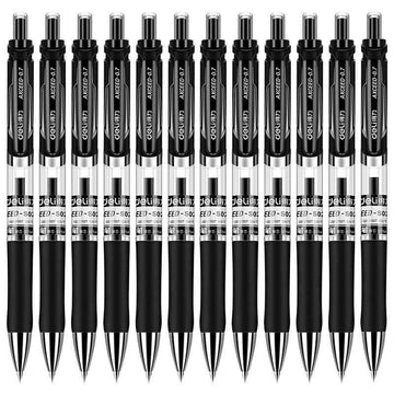 DELI S02 uttrekkbar gelpenn, medium punkt, 0,7 mm, svart blekk, 12-pakning