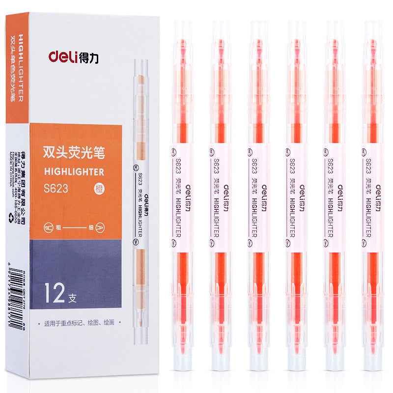 DELI Dual Tip Markeerstiften Fluorescerend Geel Oranje Roze Groen Blauw Paars, 12 Count