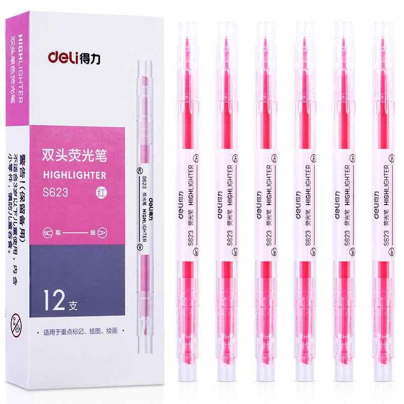 DELI Dual Tip Markeerstiften Fluorescerend Geel Oranje Roze Groen Blauw Paars, 12 Count