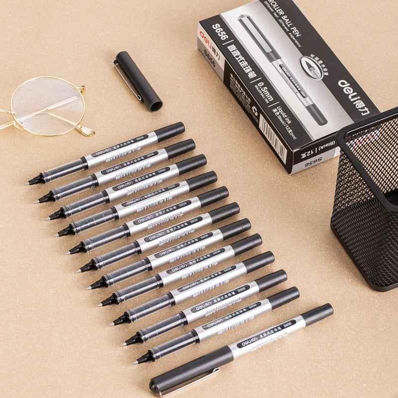 DELI S656 Lot de 12 stylos à bille à encre liquide noir rouge bleu pointe fine 0,5 mm