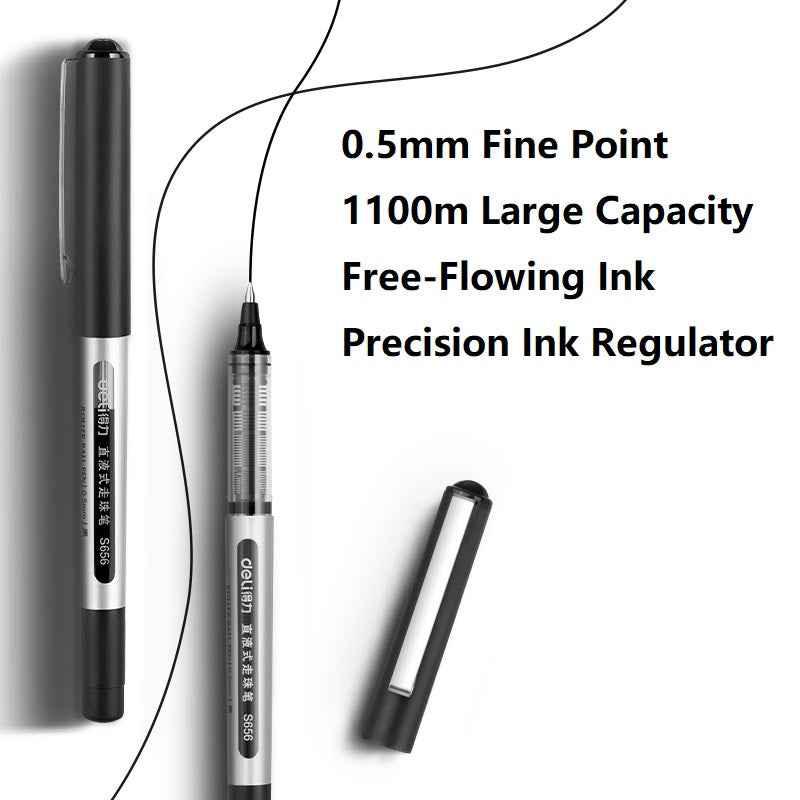 DELI S656 Lot de 12 stylos à bille à encre liquide noir rouge bleu pointe fine 0,5 mm