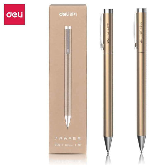 DELI S99 All Metal Ballpoint Pen – 0.5mm Black Ink Gel Pen 2 Pack 2 Gold