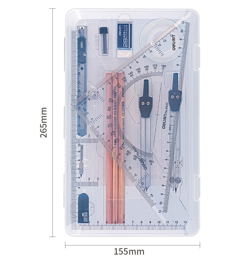 DELI 16-delige geometrietekeningenset met potloodliniaal, kompasopbergkoffer