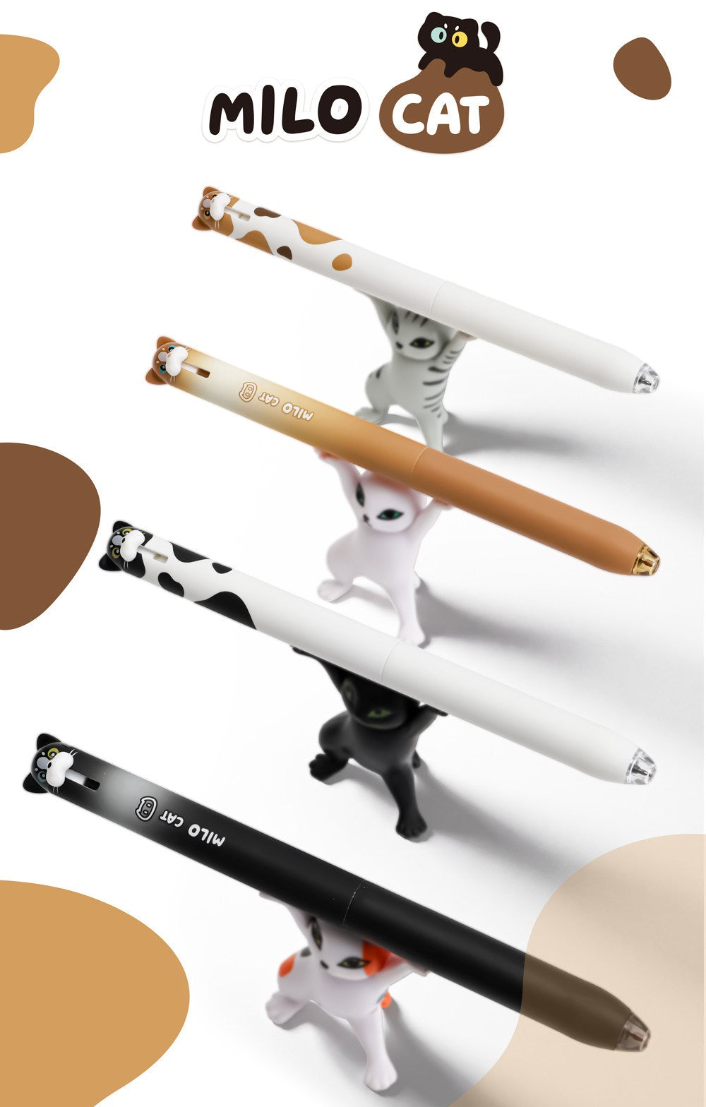 DOMI MILO Cat Retractable Gel Pens | 0.5mm Black Ink,12 Pack