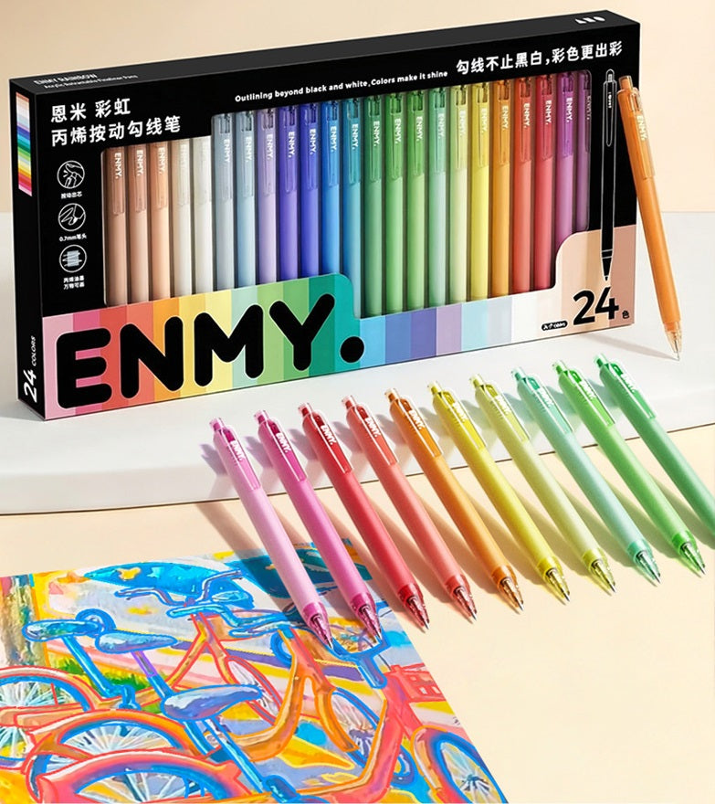 ENMY Rainbow Retractable Acrylic Liner Pen Set | Colored Gel Pens 0.7mm
