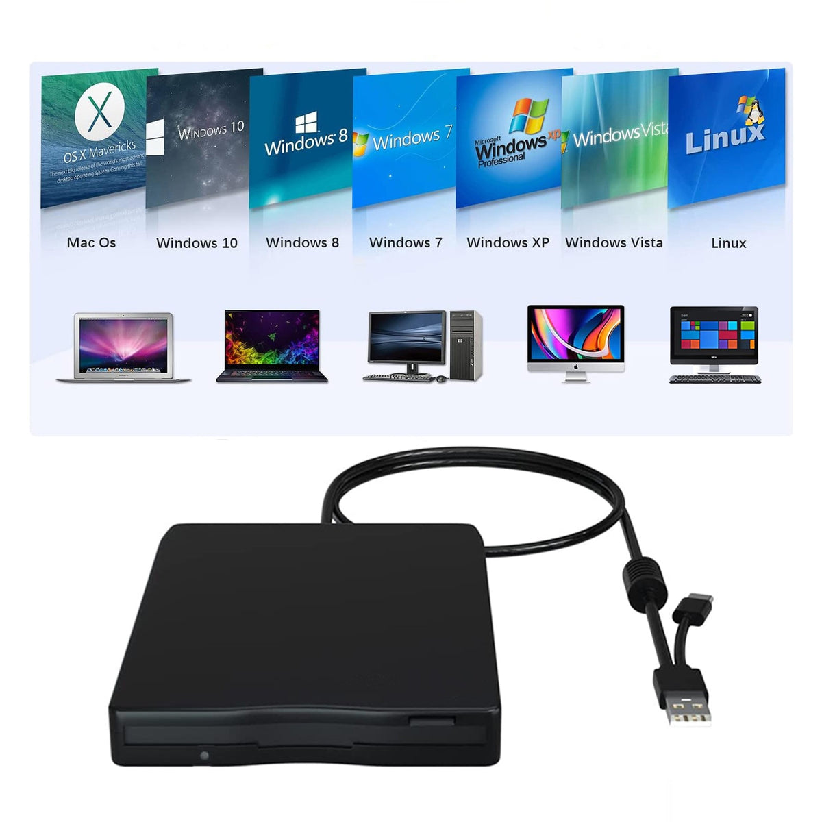 External 3.5" Floppy Disk Drive USB 2.0 & Type-C for Laptop & Desktop Plug & Play