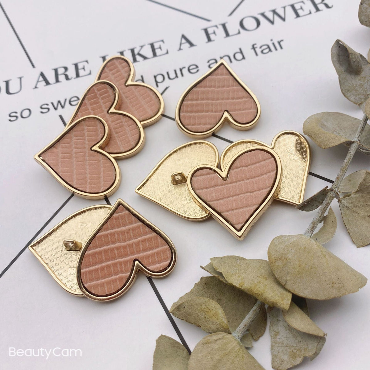 25mm Leather Surface Heart-Shaped Metal Shank Buttons 10pcs Pink
