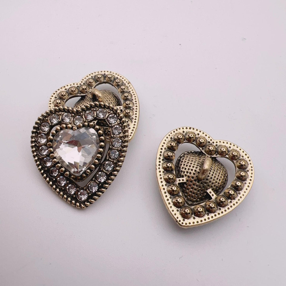25mm Vintage Heart Shaped Crystal Metal Shank Buttons 10pcs White Gold