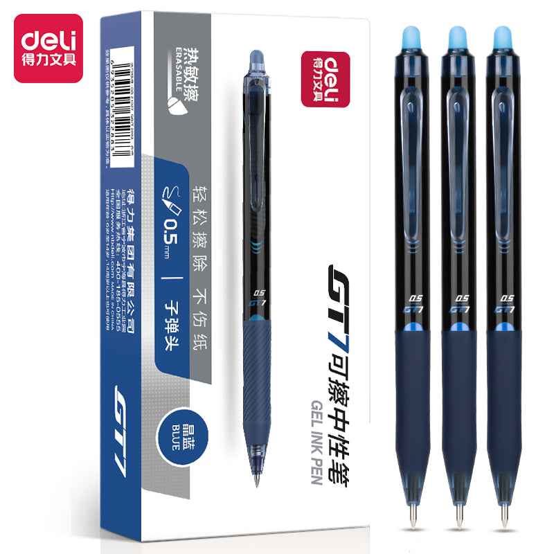 DELI Erasable Retractable Gel Pens,Fine Point,Black Ink,12-Pack Blue