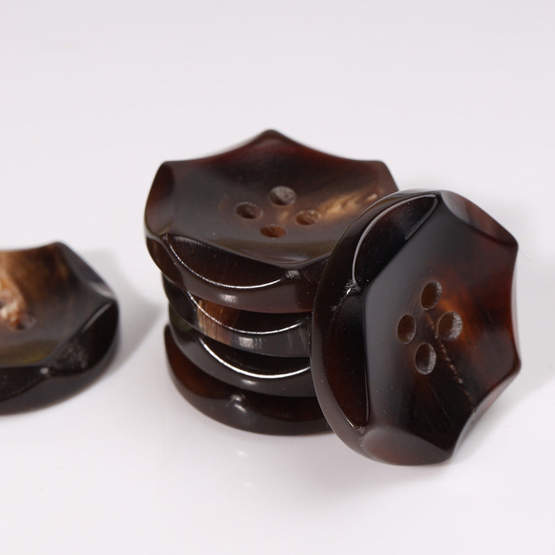 23mm Hexagonal Four-Hole Coffee-Colored Horn Buttons 10pcs