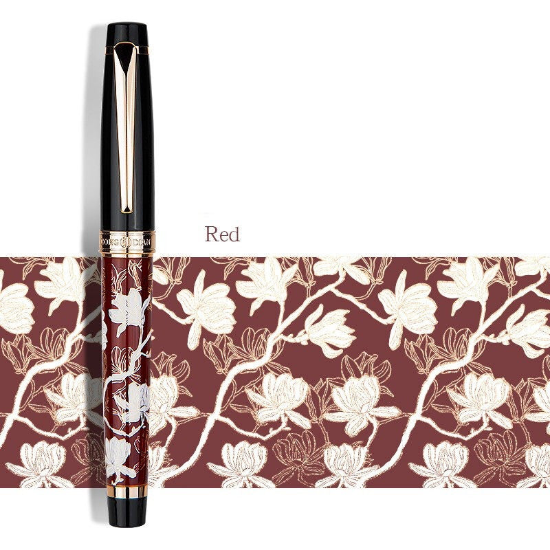 HONGDIAN 1837 Maki-e Fountain Pen | 18K Gold-Plated | Classical Chinese Flora & Fauna Red Flower