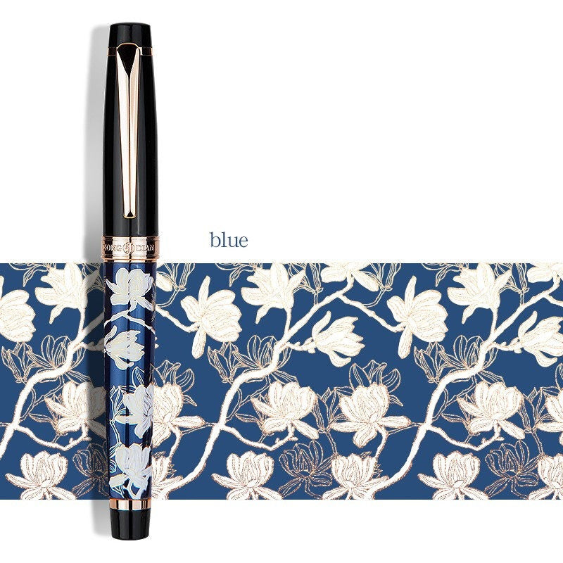 HONGDIAN 1837 Maki-e Fountain Pen | 18K Gold-Plated | Classical Chinese Flora & Fauna Blue Flower