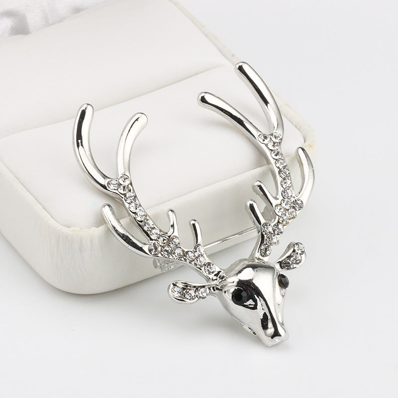 Christmas Rhinestone Reindeer Metal Pin Brooch for Suits 3pcs Silver