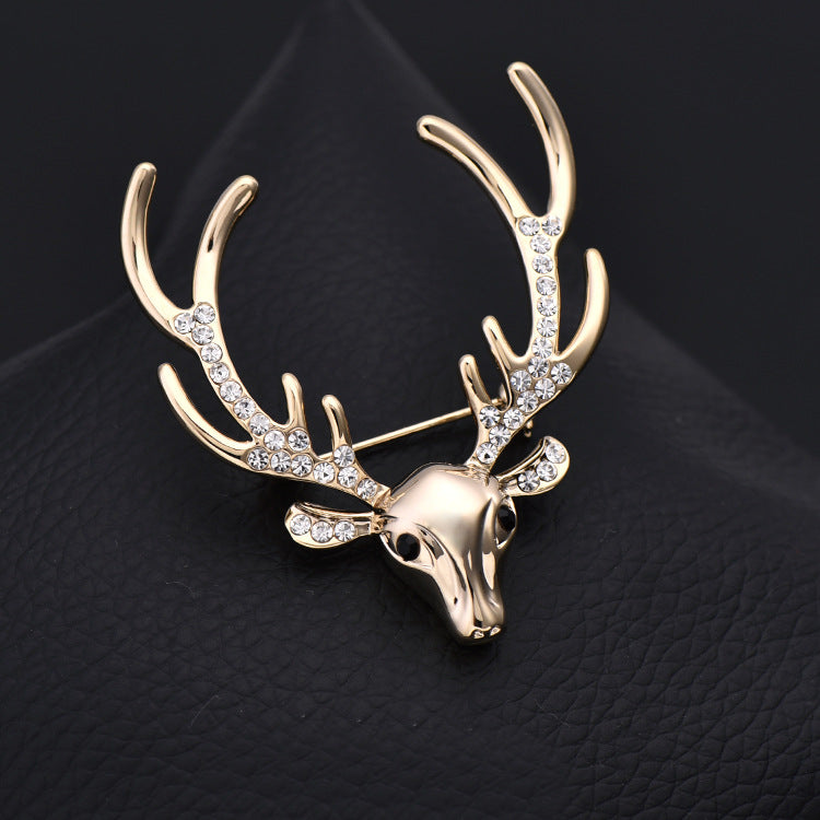 Christmas Rhinestone Reindeer Metal Pin Brooch for Suits 3pcs Gold