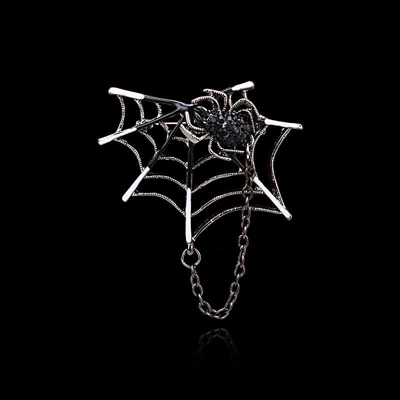 Silver Diamond-Inlaid Spider Web with Chain Creative Brooch 3pcs