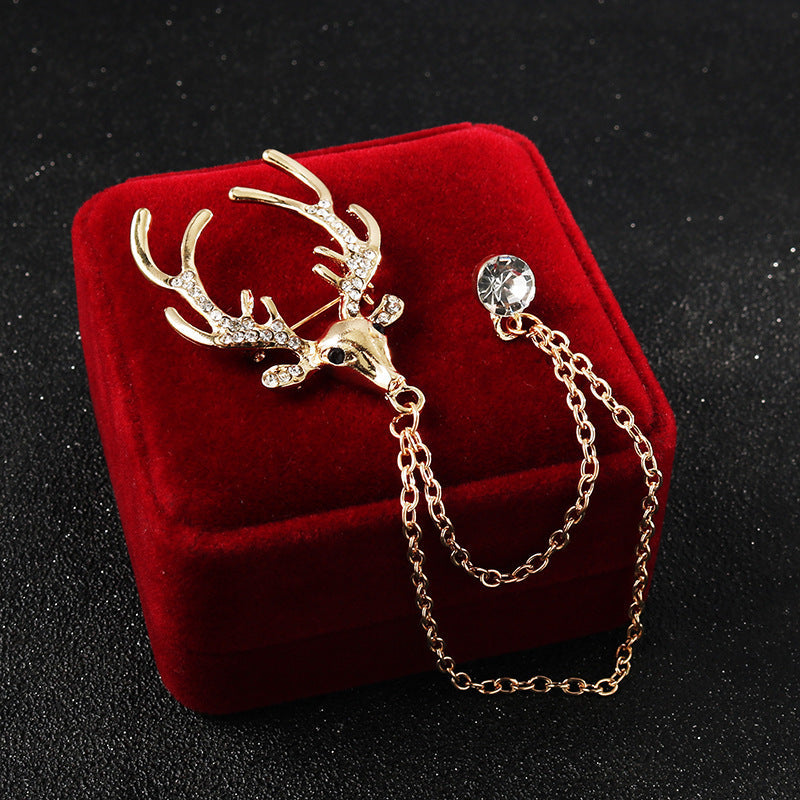 Christmas Deer Head Brooch with Chain Corsage 4pcs Gold