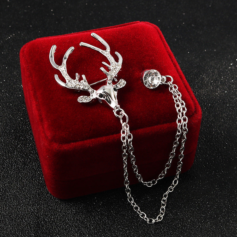 Christmas Deer Head Brooch with Chain Corsage 4pcs Silver