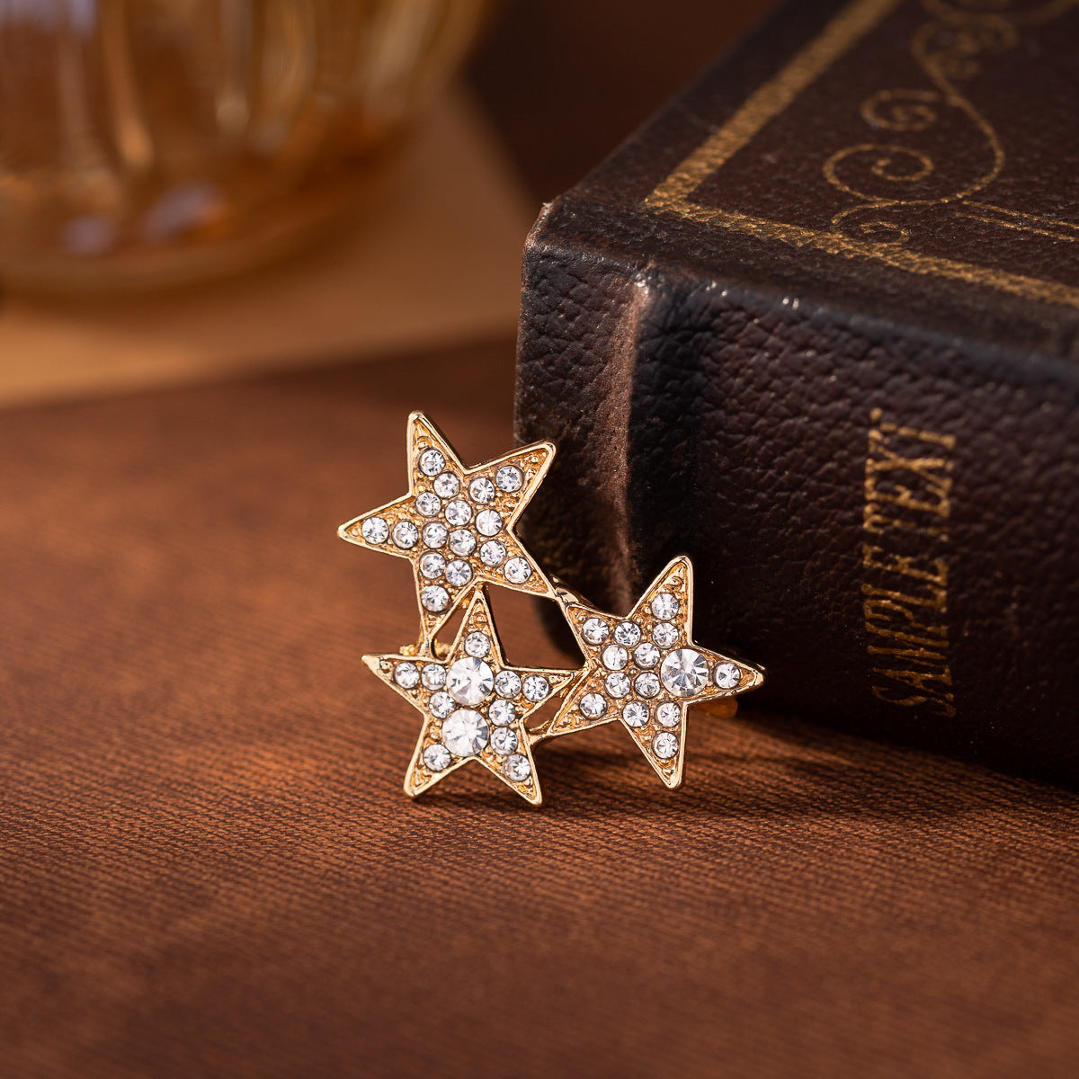 Three Five-Pointed Stars Diamond Brooch Men's Suit Lapel Pin 3pcs Gold