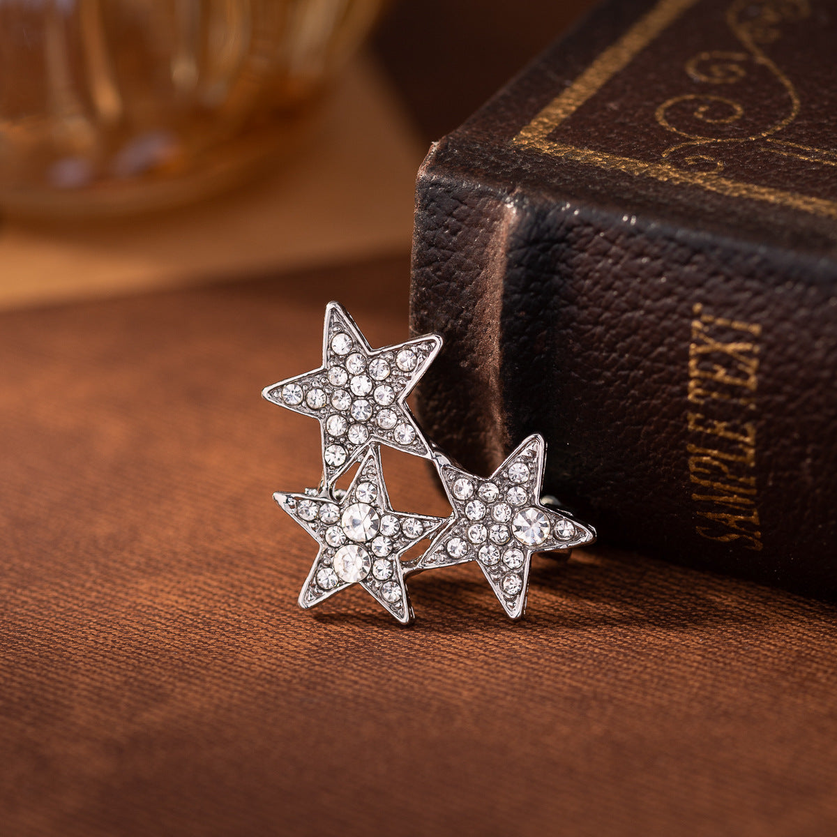 Three Five-Pointed Stars Diamond Brooch Men's Suit Lapel Pin 3pcs Silver